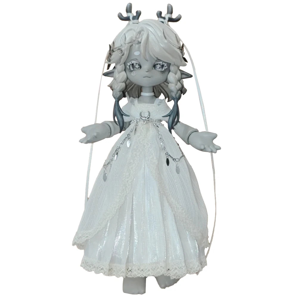 A 1/12 scale Lunar-themed posable doll blind box with silver hair and a white lace dress.