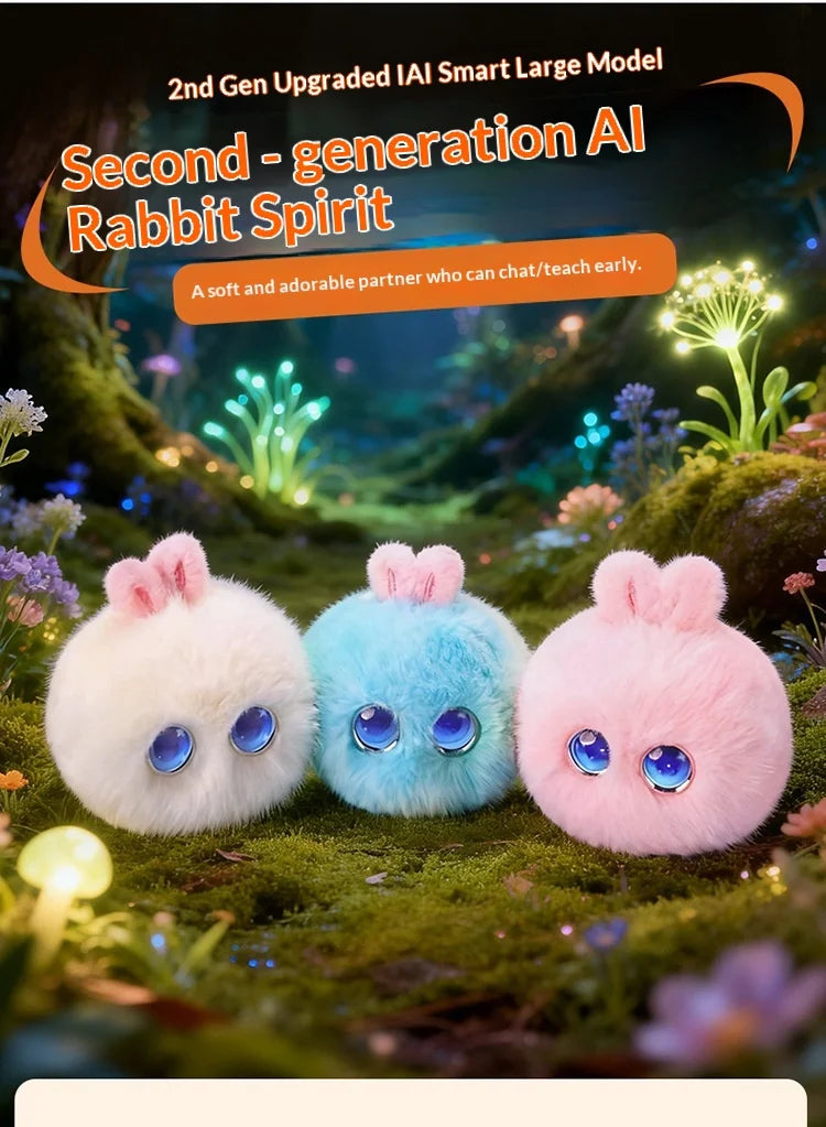 Three fluffy pink and blue rabbit plush toys with glowing eyes set against a lush green forest background.