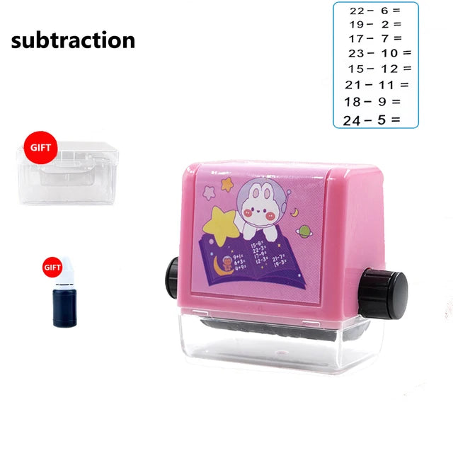 A pink math roller stamp for kids showing subtraction problems like 22 minus 6.