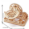 A wooden spiral marble run DIY puzzle kit featuring gears and a track for marble movement.