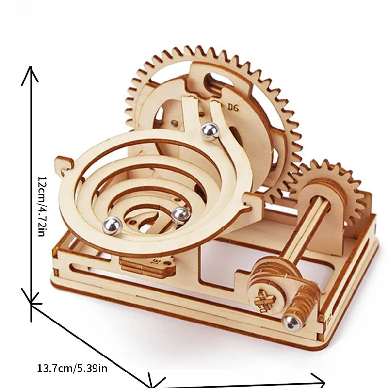 A wooden spiral marble run DIY puzzle kit featuring gears and a track for marble movement.
