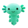 A soft, light green plush toy of an axolotl with large eyes and feathery gills.