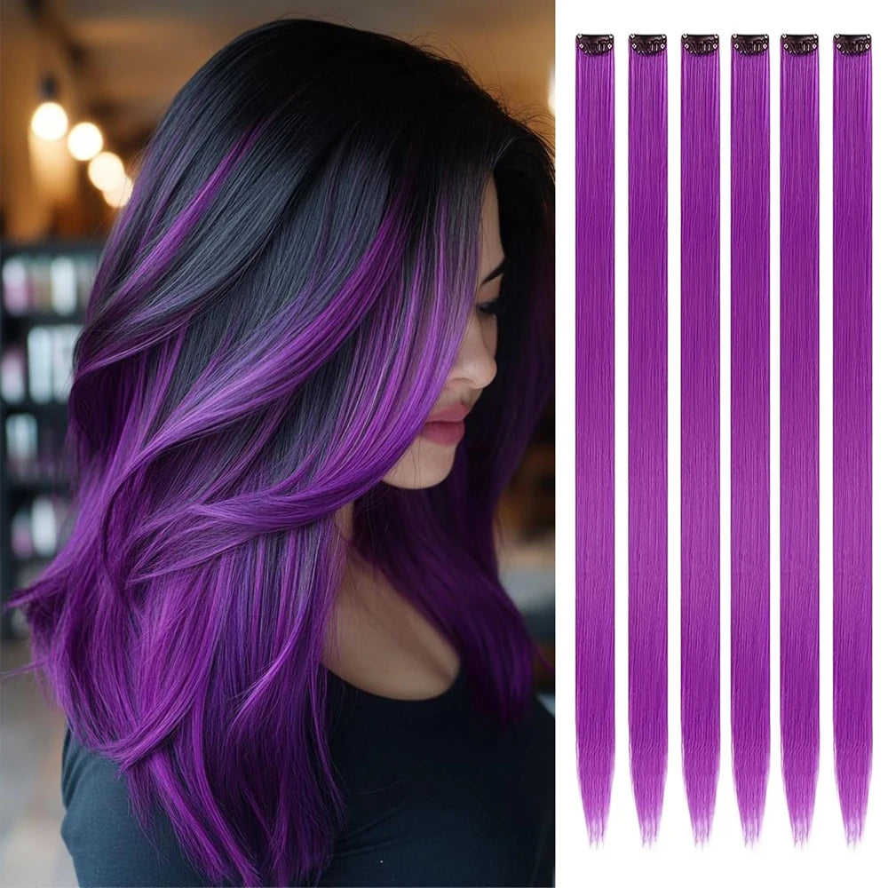 A set of six purple clip-in hair extensions displayed next to a woman with vibrant purple-tinted hair.