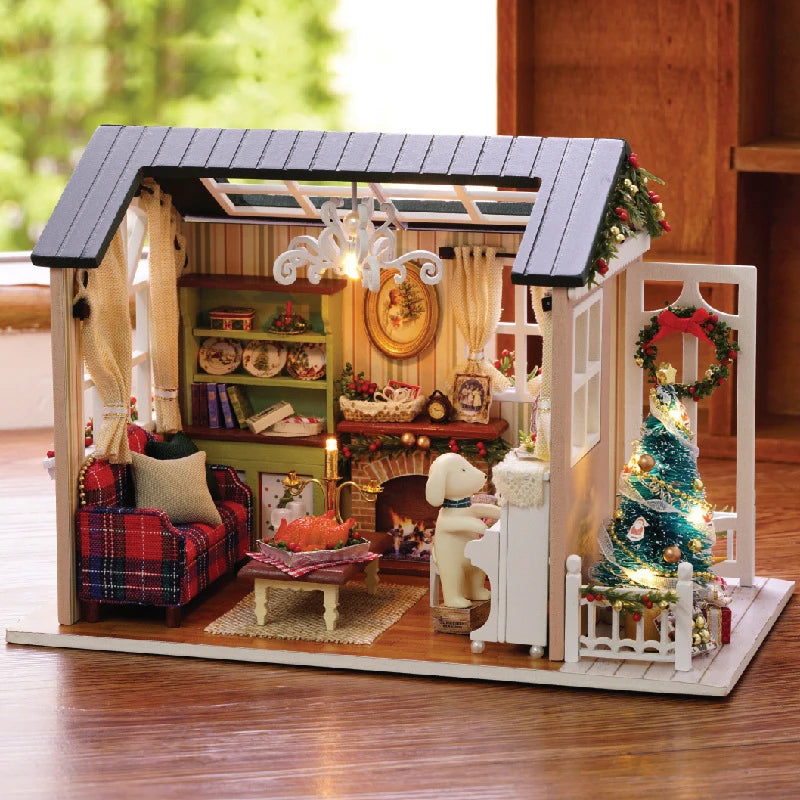 DIY Miniature Wooden Dollhouse Kit with LED Lighting