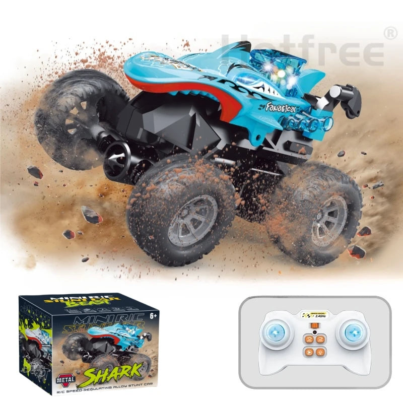 Mini RC Stunt Car with Dinosaur & Shark Designs, LED Lights, and Dual Speed
