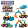 A set of four yellow and blue construction vehicles and an orange excavator toy for DIY nut assembly engineering.