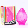 A pink squishy toy shaped like a raindrop is shown in its packaging.