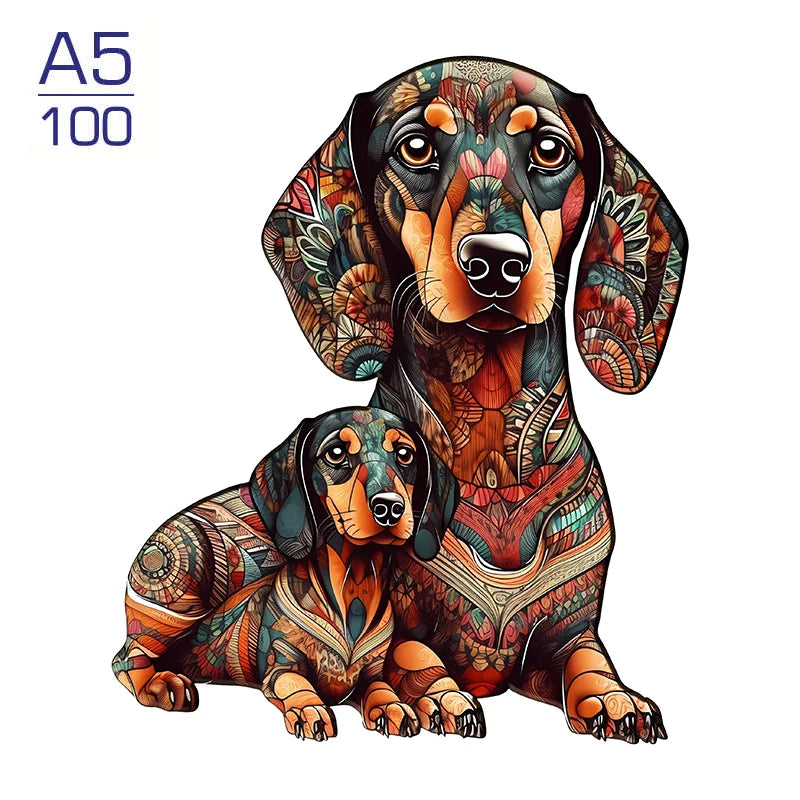 A detailed illustration of a dog's head and body in an artistic, colorful style.