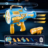 A yellow and blue four-cylinder bubble blaster toy gun with lights and a launch mechanism.