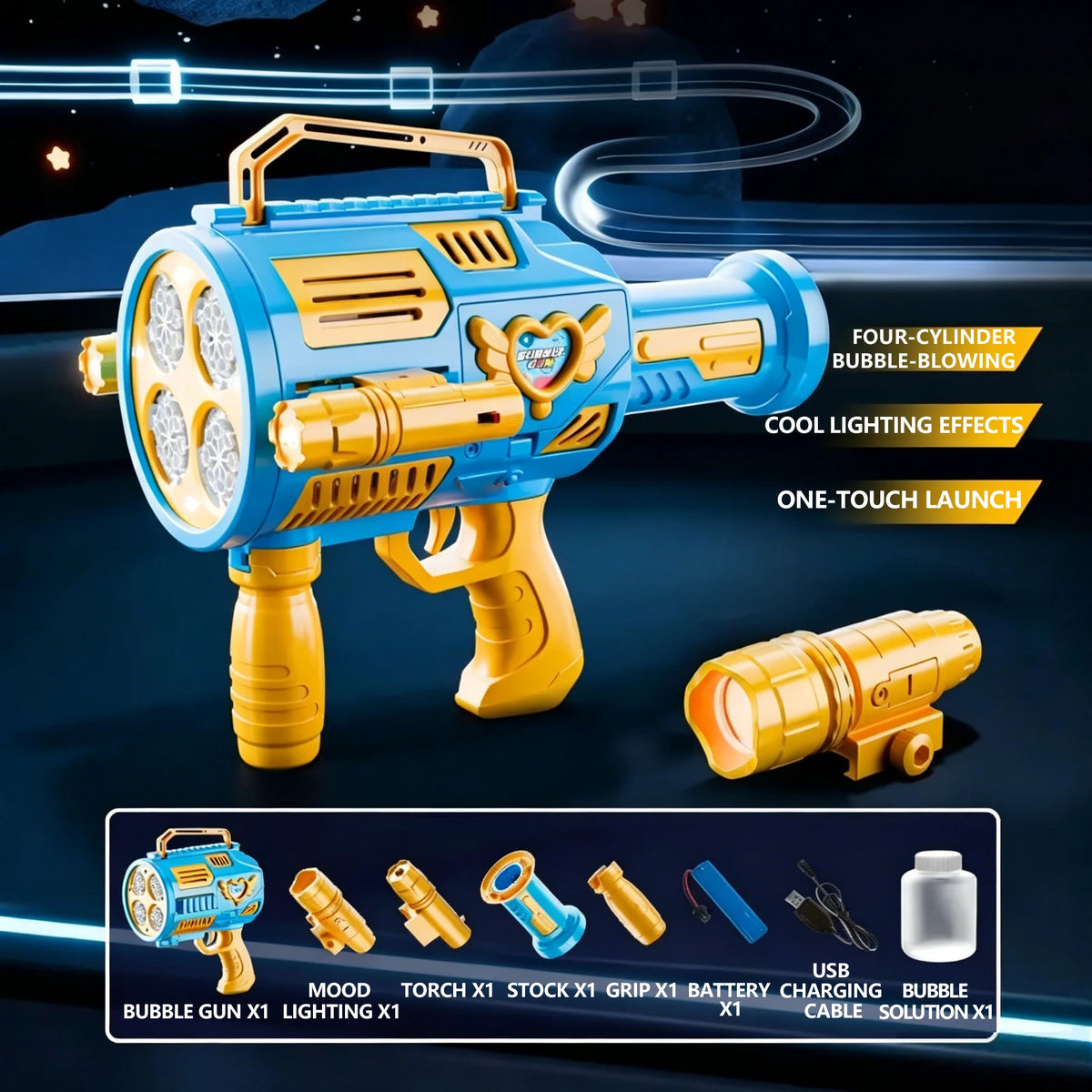 A yellow and blue four-cylinder bubble blaster toy gun with lights and a launch mechanism.