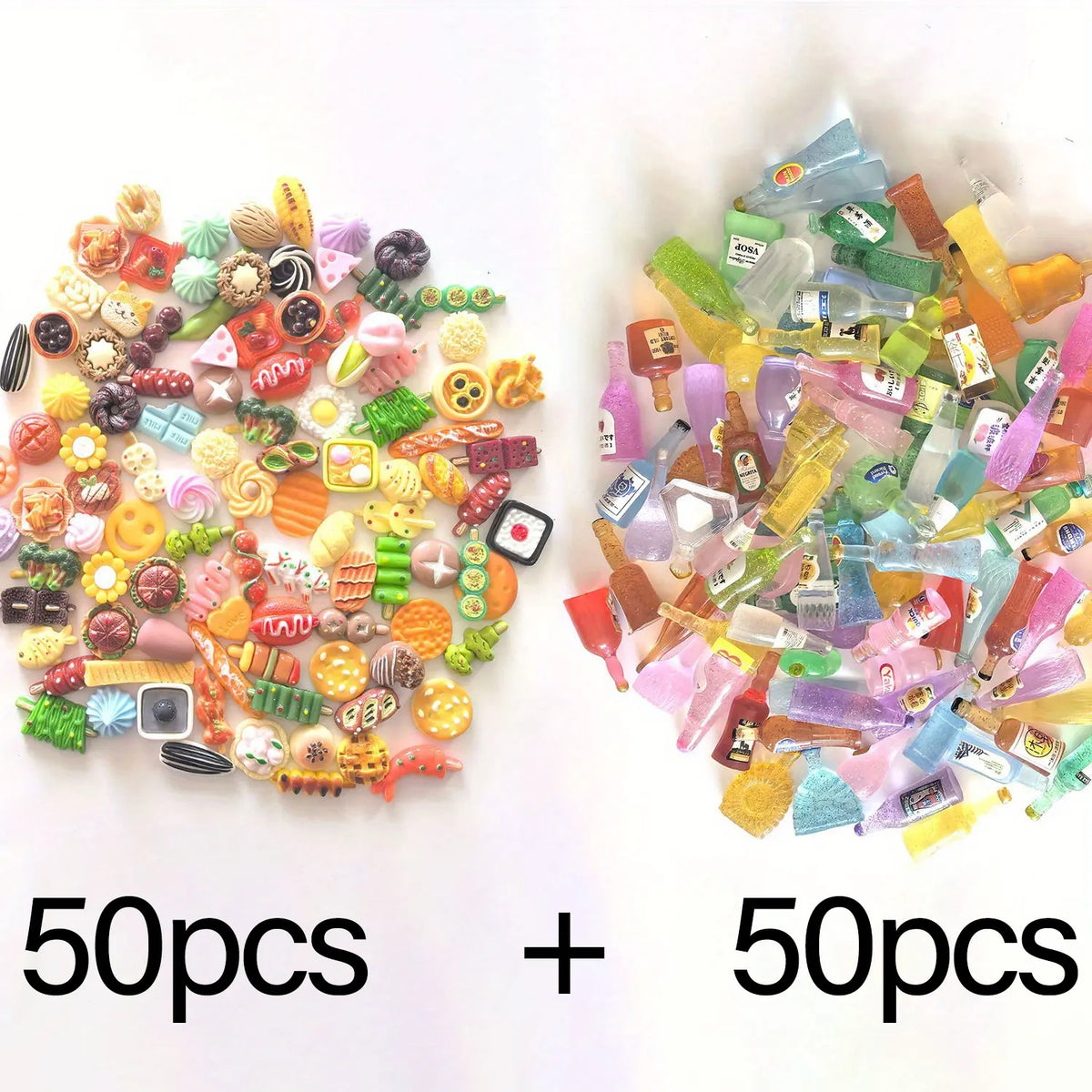 A collection of 100 miniature dollhouse food items including cakes, wine bottles, and various snacks.