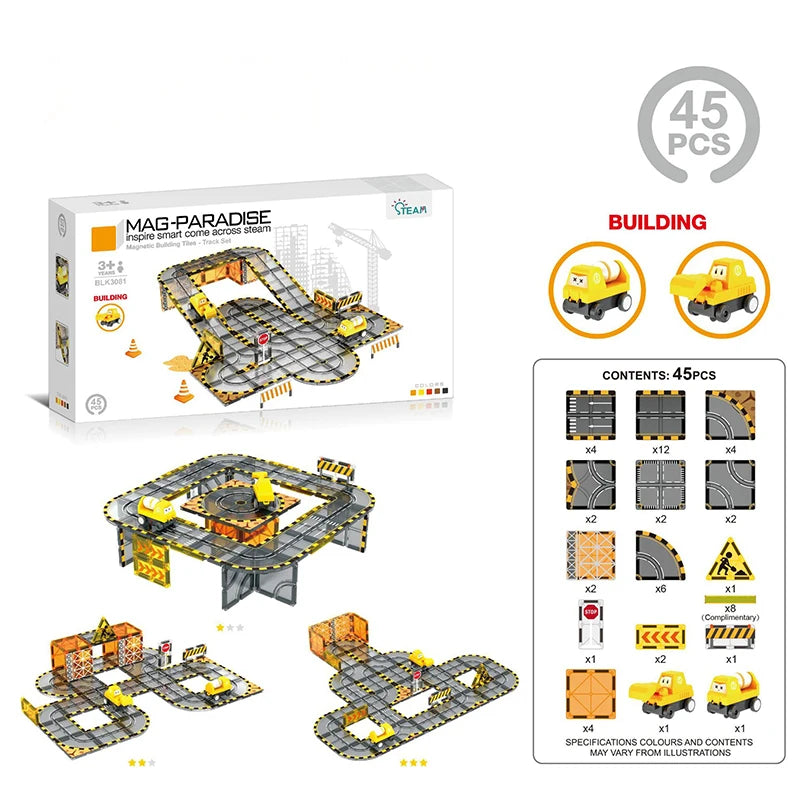 A box of Mag-Paradise building tiles featuring a road and rail layout with an electric car model.