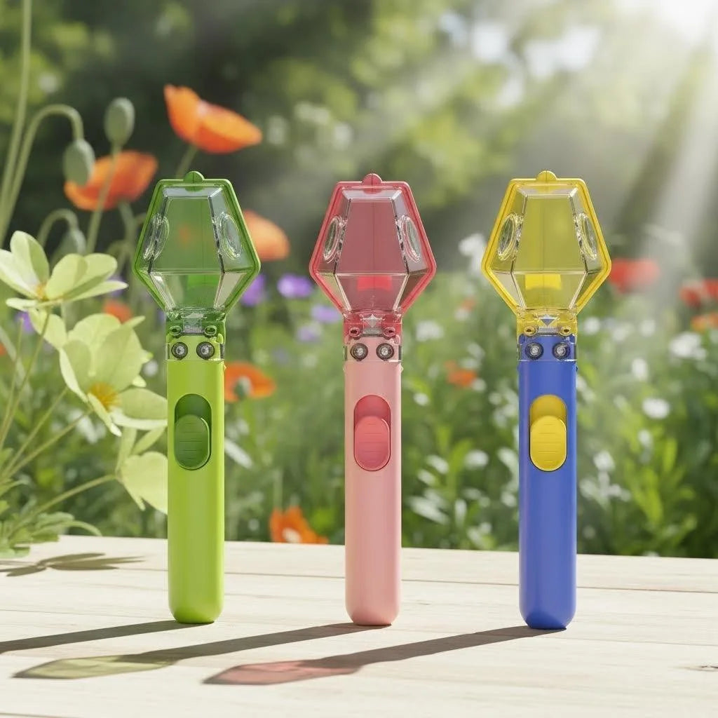 Three handheld insect catchers in green, pink, and yellow with blue grips resting on a wooden surface outdoors.
