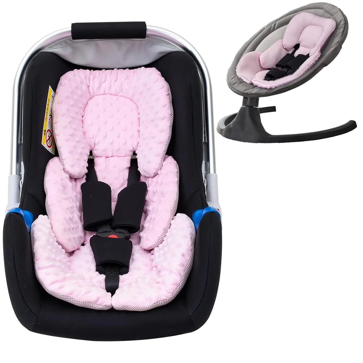 A plush double-sided stroller seat cushion with pink and black fabric visible in a storage carrier.