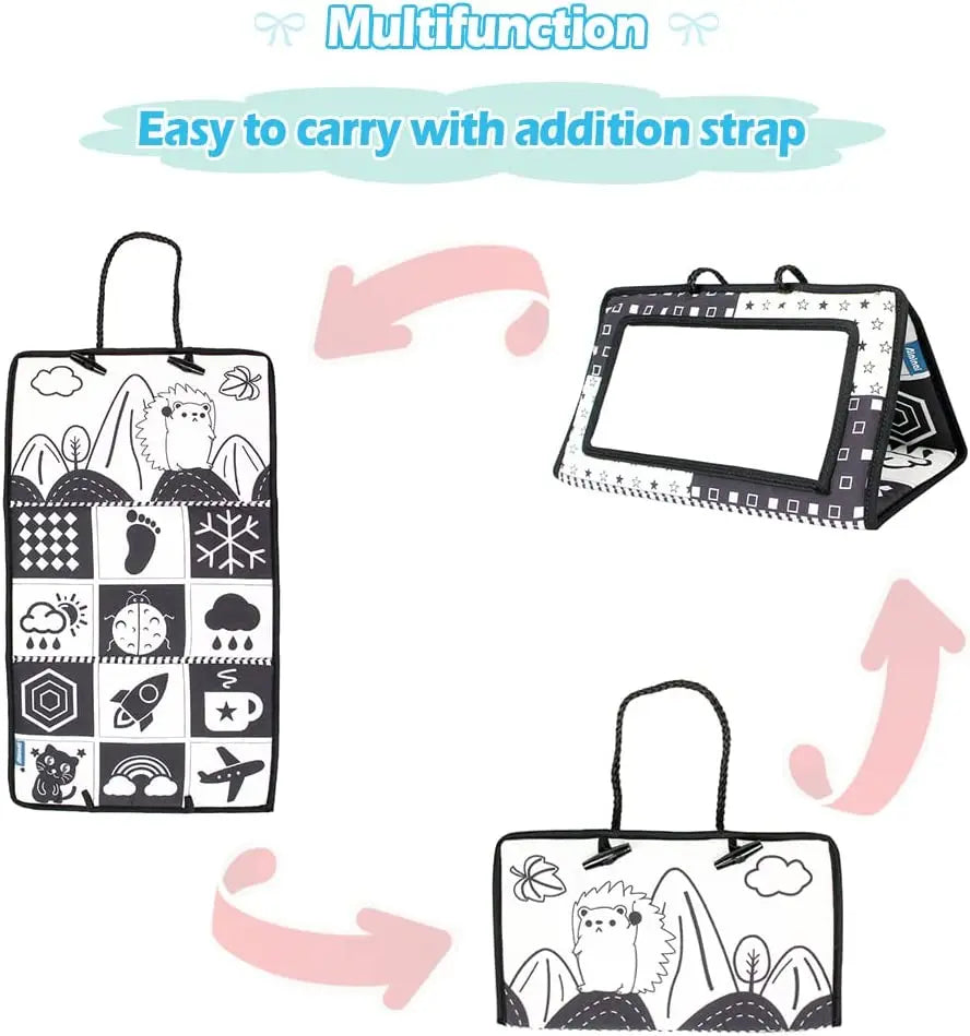 High-Contrast Tummy Time Baby Mirror with Crinkle Cloth Book and Teether
