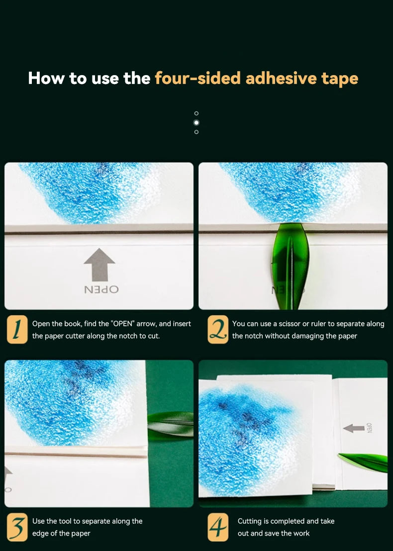 Instructions showing how to use four-sided adhesive tape to cut paper from a watercolor notebook.