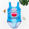 Blue one-piece swimsuit with pink watermelon and summer text on it