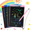 A stack of colorful 8.5-inch LCD writing tablets and a pink stylus pen are shown against a rainbow background.