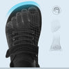 A diagram showing the design of a wide toe box in a children's sneaker, illustrating the natural foot fit.