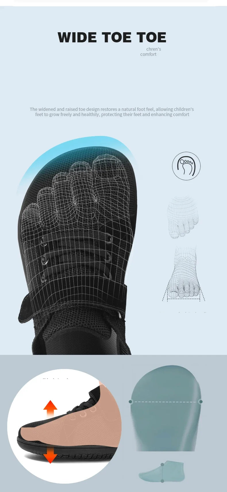 A diagram showing the design of a wide toe box in a children's sneaker, illustrating the natural foot fit.