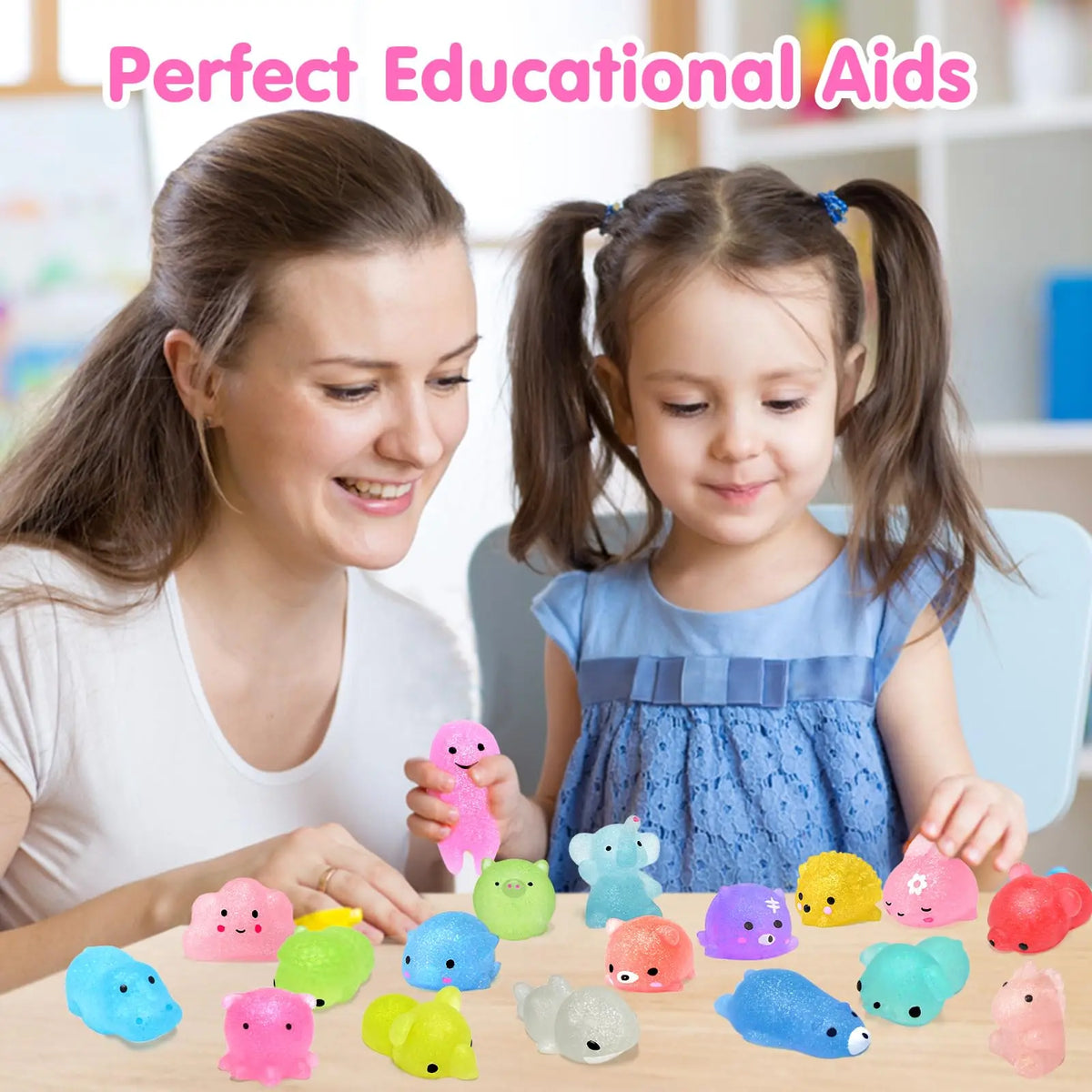 A woman and a girl are shown with various colorful squishy toys and fidget items for educational aids.