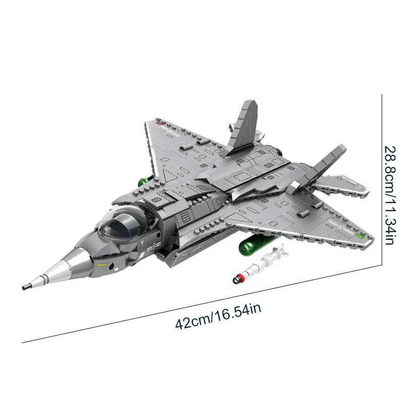 A silver J35 fighter jet model kit built from building blocks, shown in a side view.