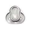 A silver metal fidget slider with concentric grooves and a central protrusion for stress relief.