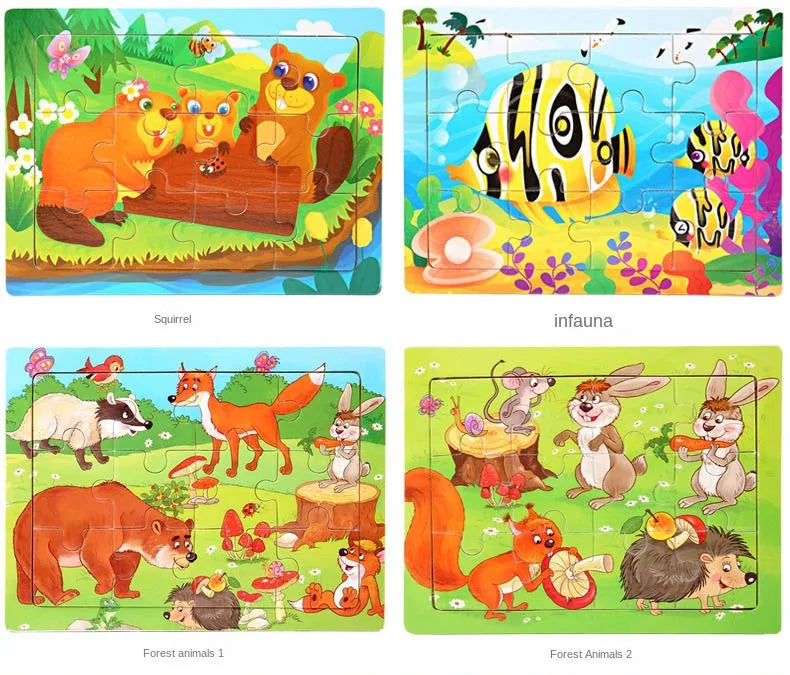 Wooden Animal Jigsaw Puzzles for Toddlers (Set of 12)