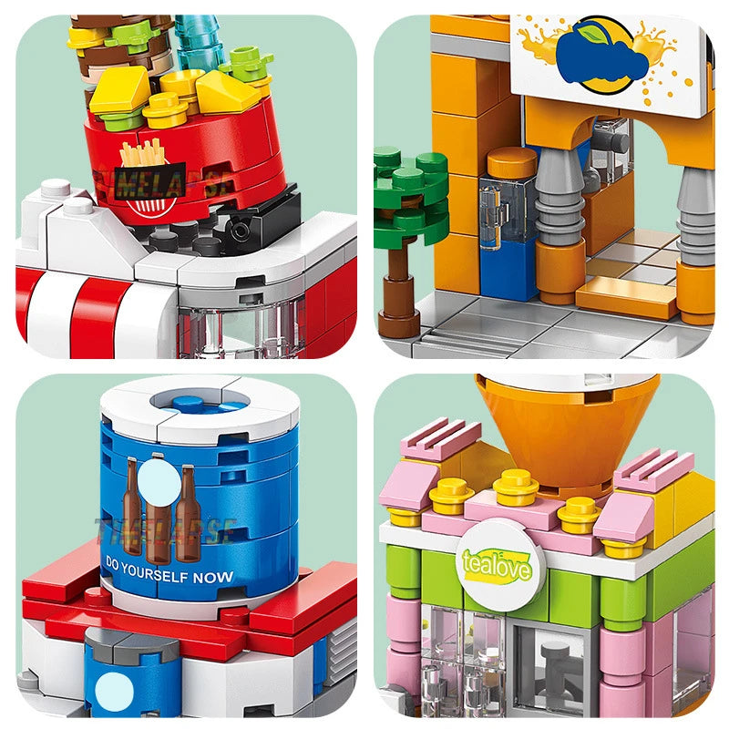A collection of LEGO building blocks depicting various shop and city structures.