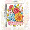 A page from a spiral-bound colouring book featuring a vibrant bouquet of pink, yellow, and blue flowers.