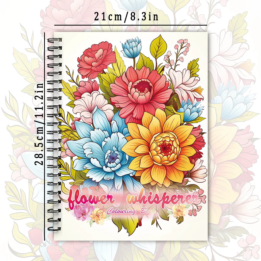 A page from a spiral-bound colouring book featuring a vibrant bouquet of pink, yellow, and blue flowers.