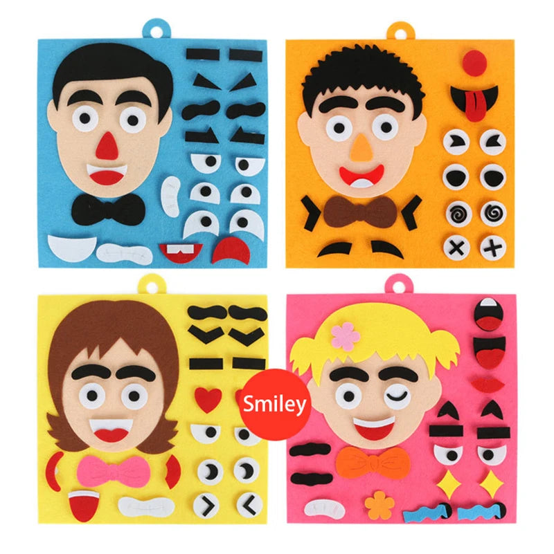 A set of four colorful puzzle cards featuring various facial expressions for children.