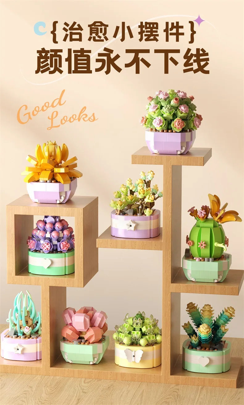 A set of miniature flower bouquets built with wooden blocks, featuring pink, yellow, and green flowers.