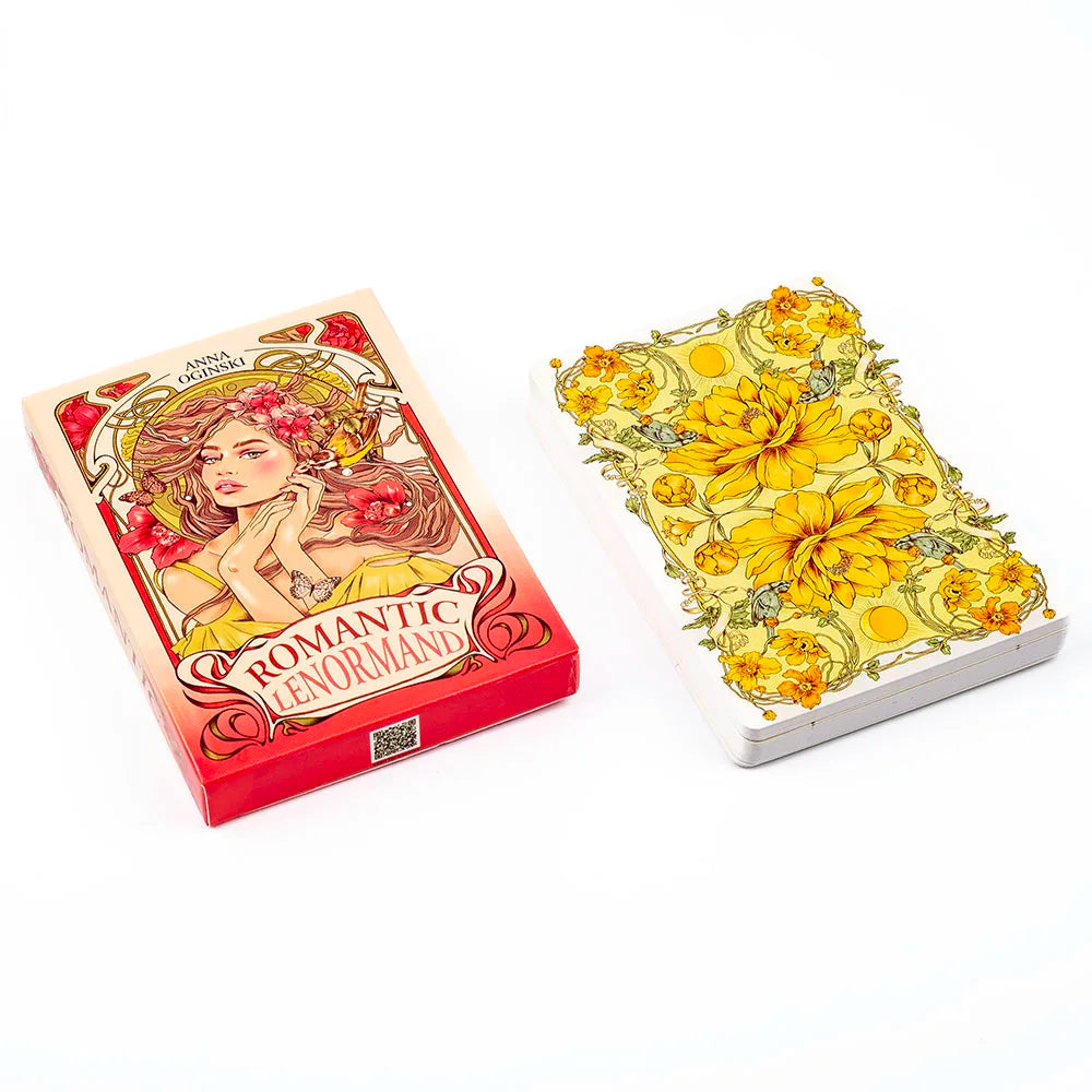 A box of the Romantic Lenormand Tarot Card Deck featuring a woman's face surrounded by floral elements.
