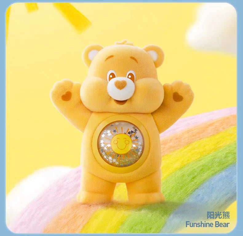 A yellow Funshine Bear collectible figurine standing against a colorful rainbow background.