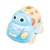 A soft rubber push and go friction car toy set featuring a blue car and a yellow rattle structure.