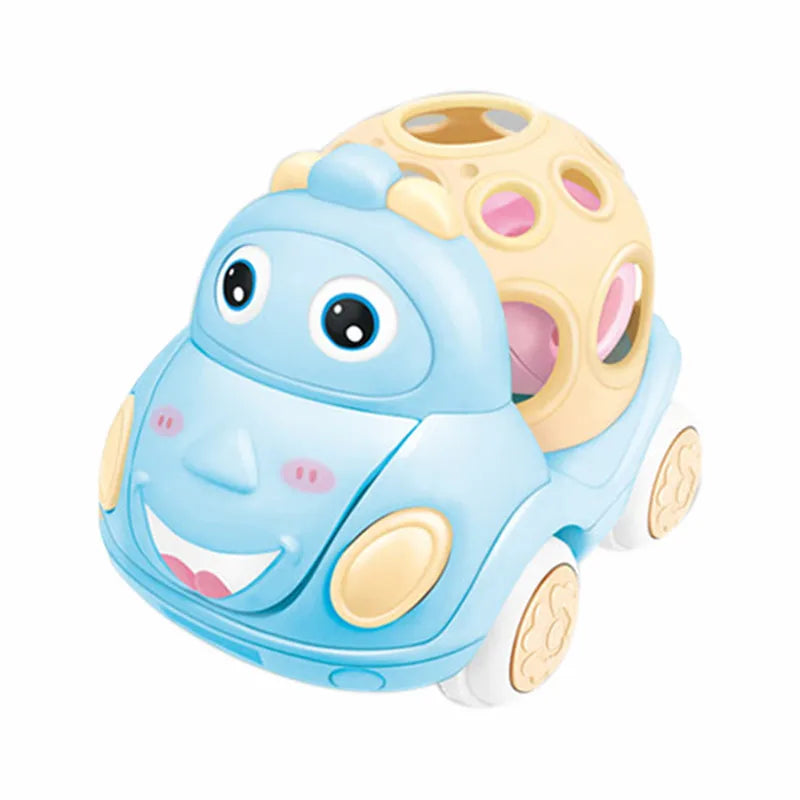 A soft rubber push and go friction car toy set featuring a blue car and a yellow rattle structure.