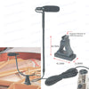 A black clip-on condenser microphone with a gooseneck is shown next to an acoustic instrument.