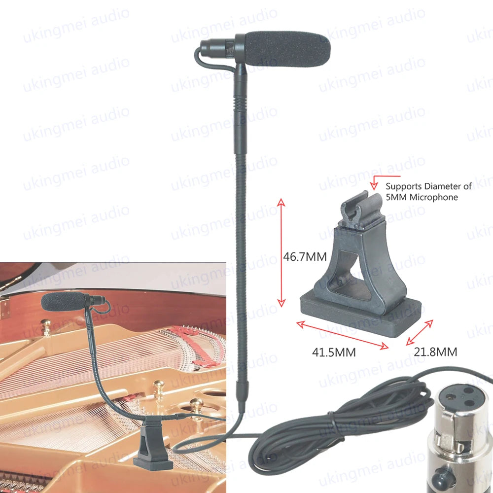 A black clip-on condenser microphone with a gooseneck is shown next to an acoustic instrument.