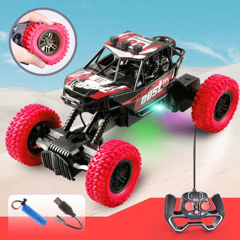 A red off-road remote control car with large tires and flashing lights is shown alongside a hand view.