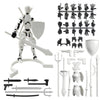 A white action figure and various accessories including weapons and a display stand for building and display.