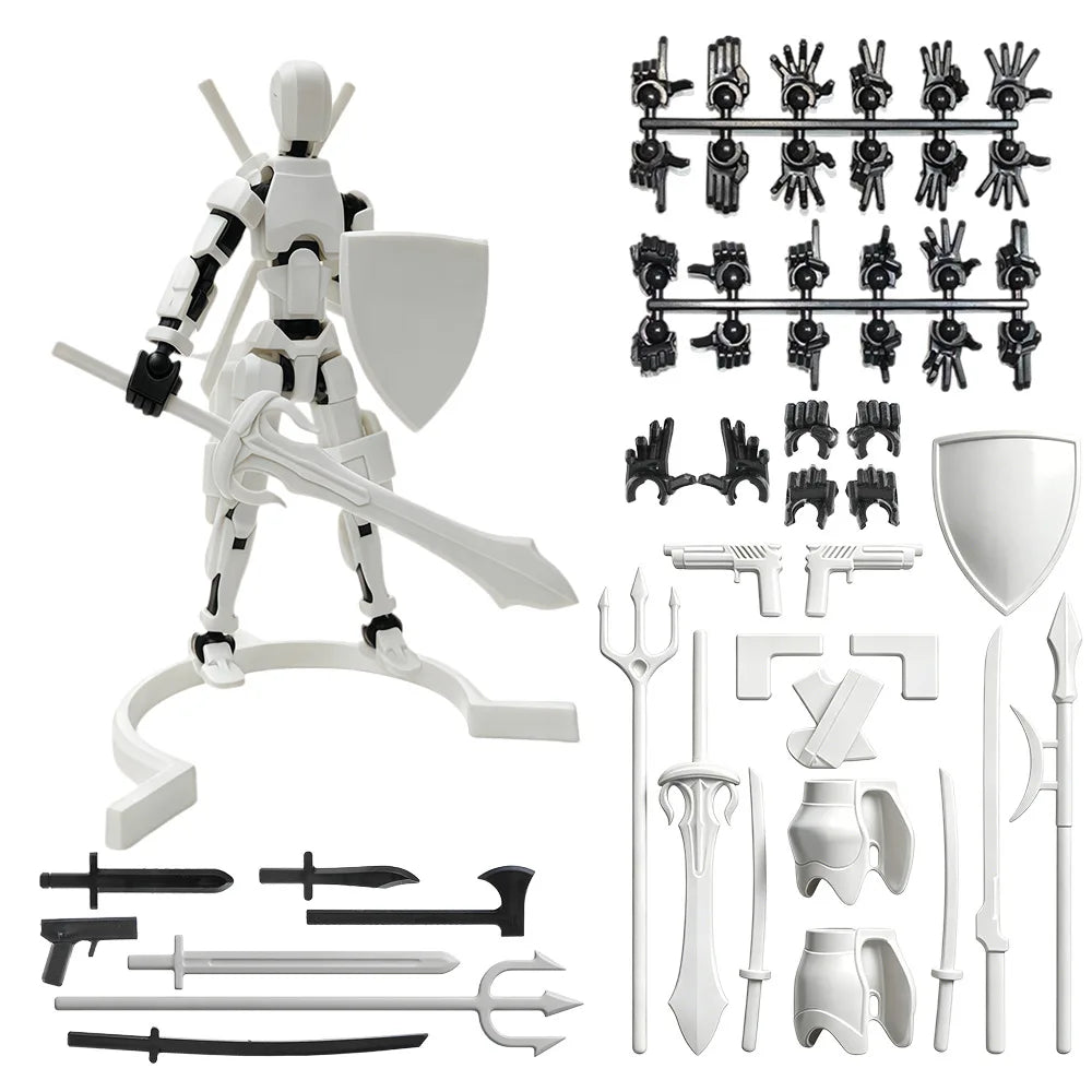 A white action figure and various accessories including weapons and a display stand for building and display.