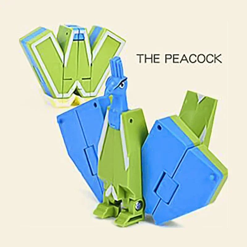 A set of plastic alphabet transformable robot toys shaped like a peacock, featuring green and blue figures.