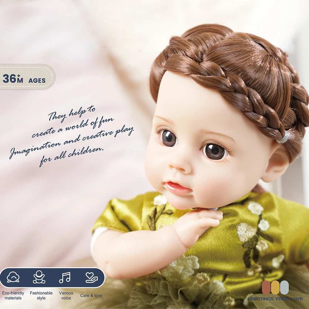 A lifelike 14-inch reborn baby doll with a fashion outfit and voice features, shown in a close-up.