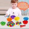 A child is shown interacting with a colorful sorting toy set featuring various colored pom-poms and tweezers for fine motor s