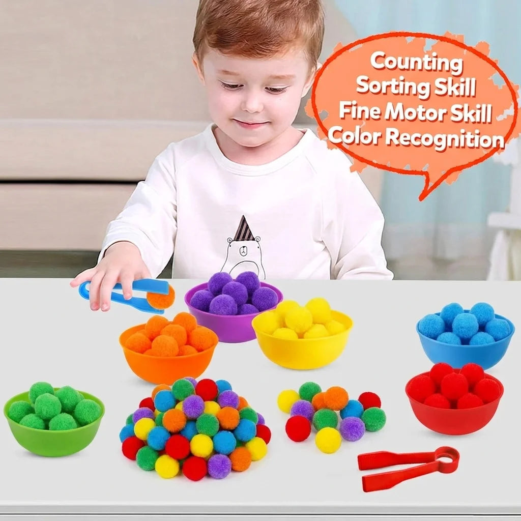 A child is shown interacting with a colorful sorting toy set featuring various colored pom-poms and tweezers for fine motor s