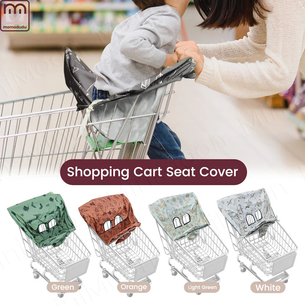 Various colored shopping cart seat covers including green, orange, light green, and white options.