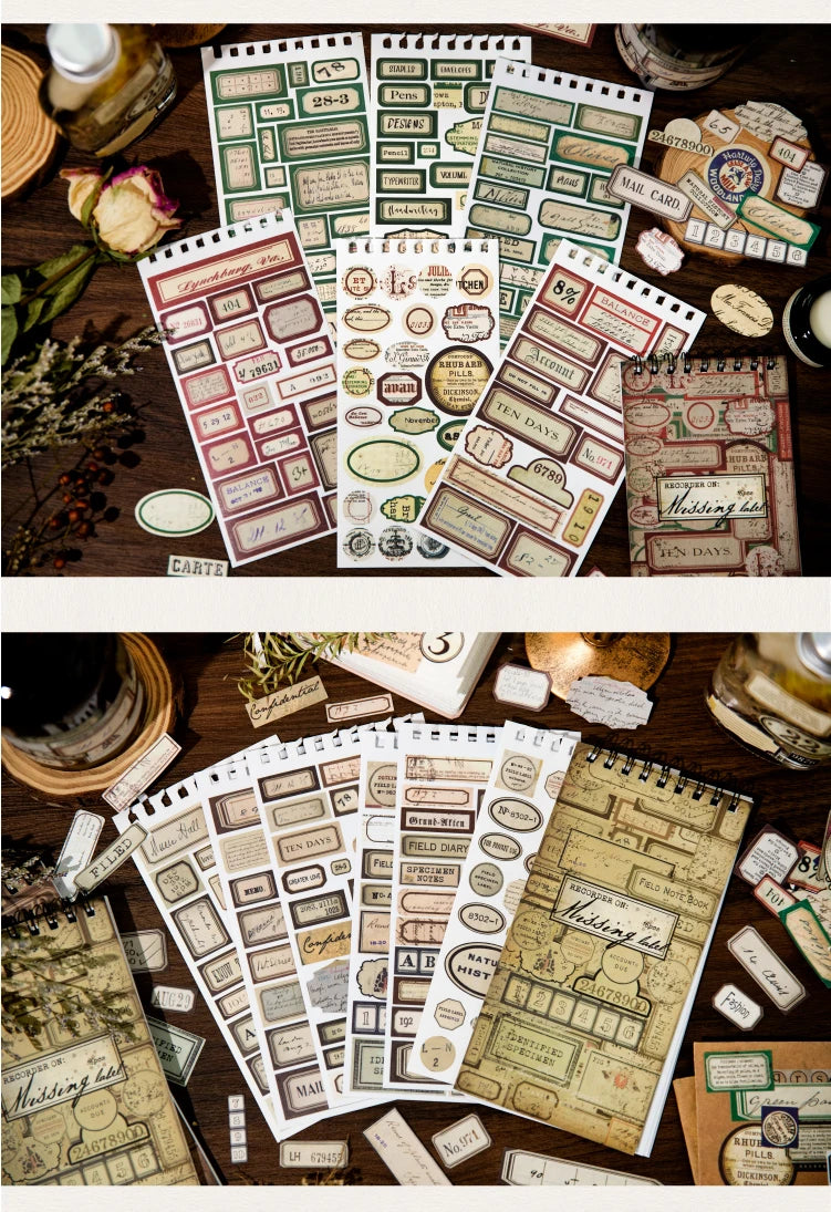 A collection of vintage label stickers and paper elements for scrapbooking and journaling