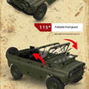 A dark olive green 1/12 scale RC rock crawler truck with a foldable front guard and detailed chassis is shown.