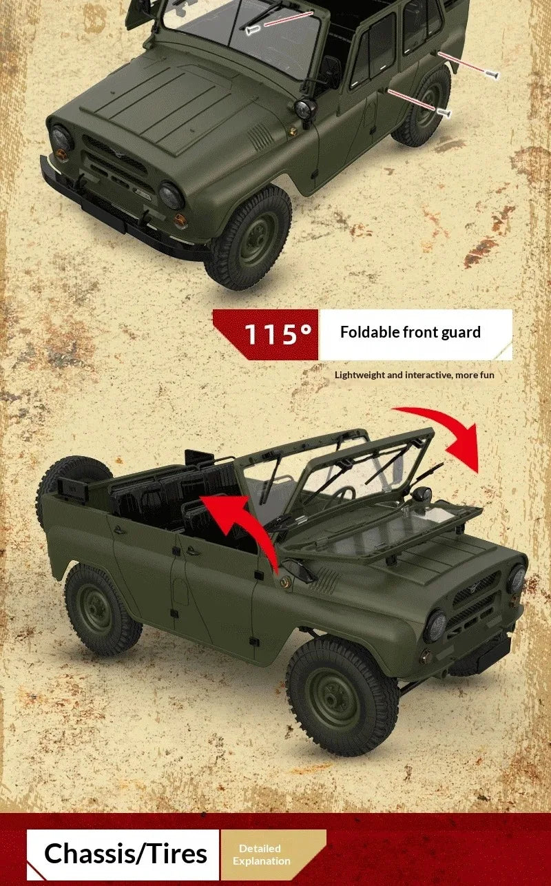 A dark olive green 1/12 scale RC rock crawler truck with a foldable front guard and detailed chassis is shown.
